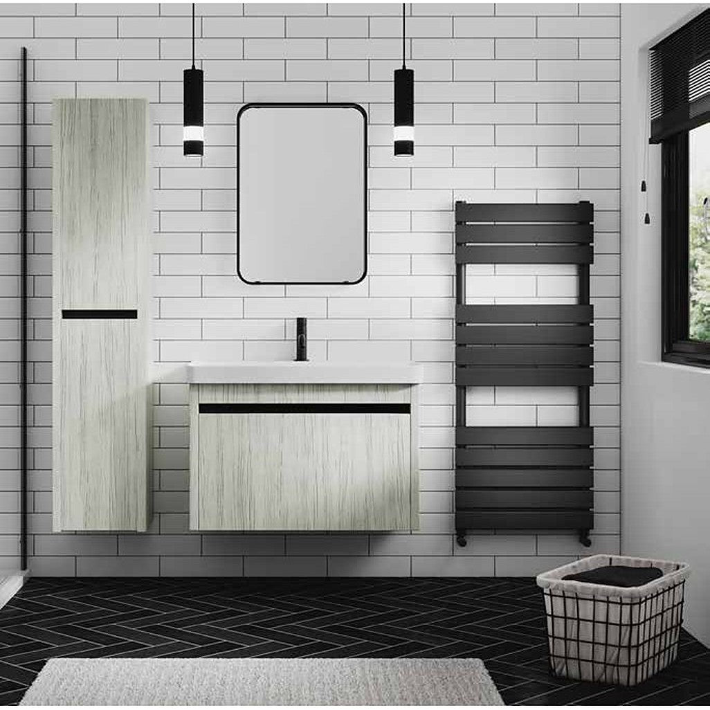 Quanta flat panel towel radiator in black in a tiled bathroom