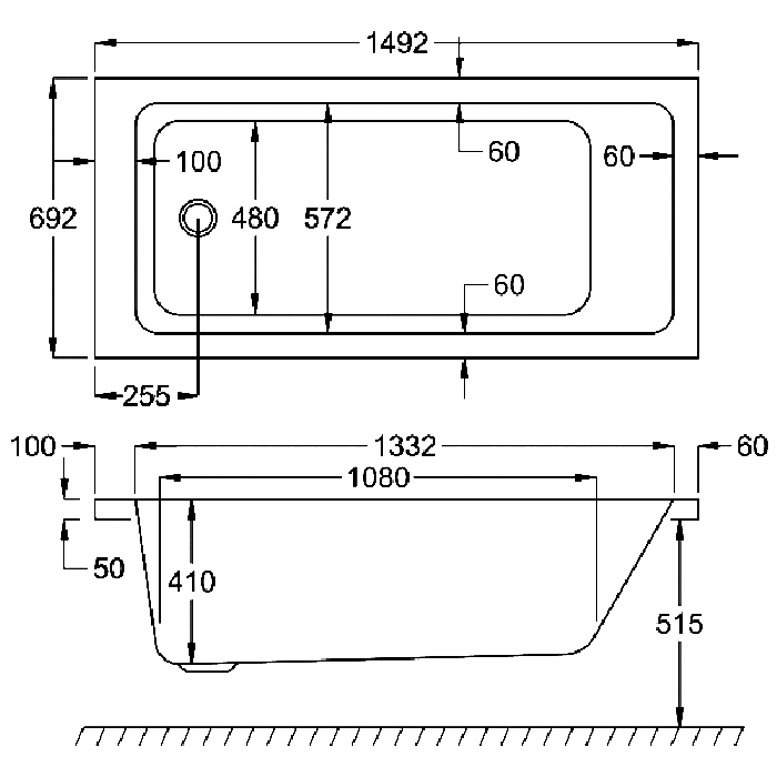Carron Quantum Single Ended Bath, technical drawing