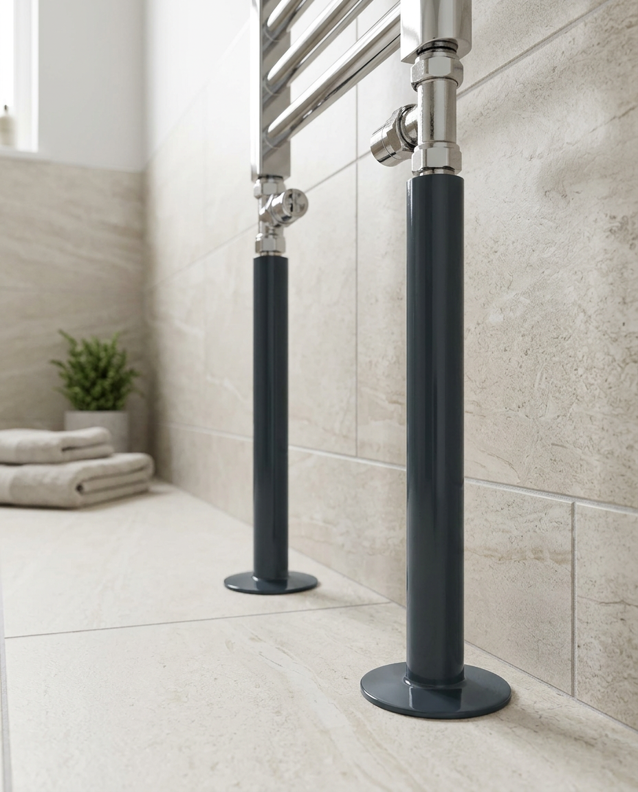 15mm Radiator Pipes & Rosettes, anthracite in a bright modern bathroom