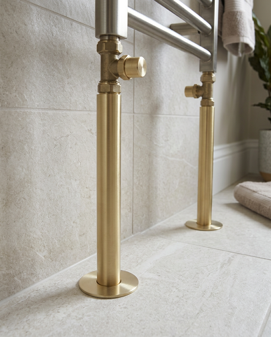 15mm Radiator Pipes & Rosettes, brushed brass in a bright modern bathroom