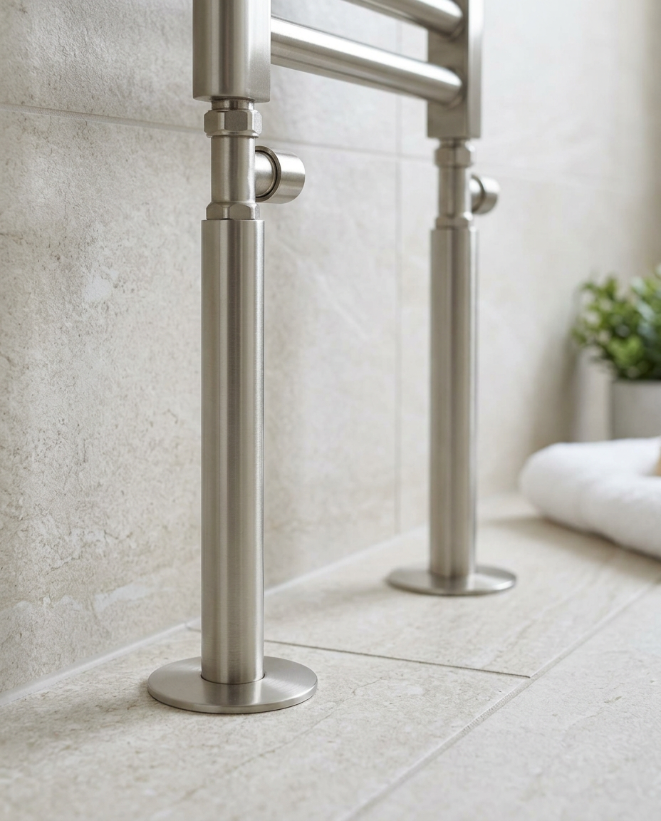 15mm Radiator Pipes & Rosettes, brushed nickel in a bright modern bathroom