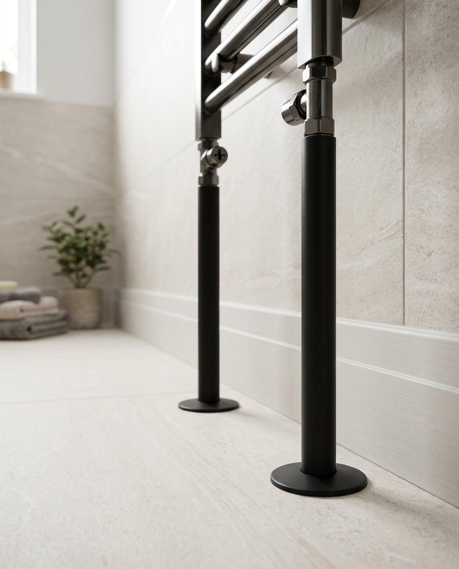 15mm Radiator Pipes & Rosettes, matt black in a bright modern bathroom