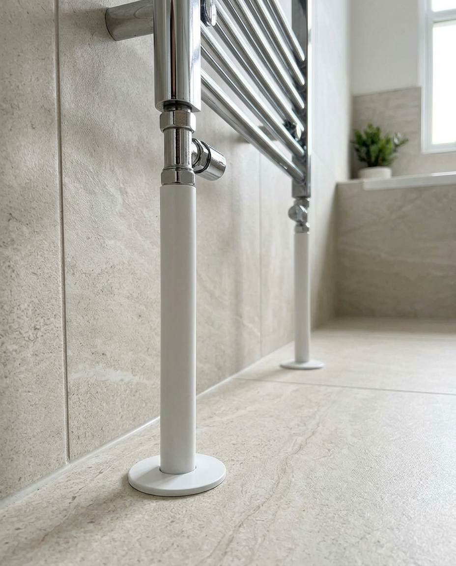 15mm Radiator Pipes & Rosettes, white in a bright modern bathroom
