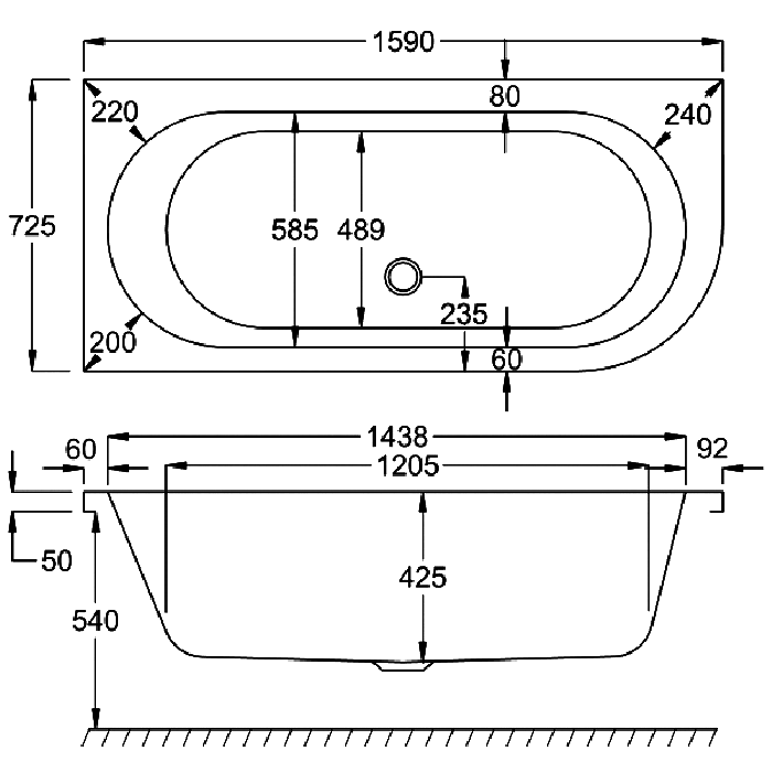 Carron Status Double Ended Bath, technical drawing