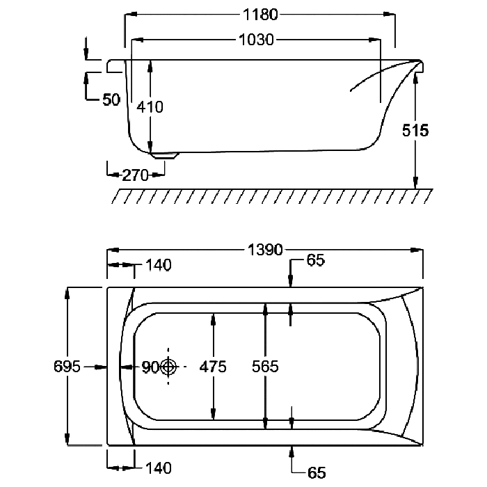 Carron Delta Single Ended Bath, technical drawing