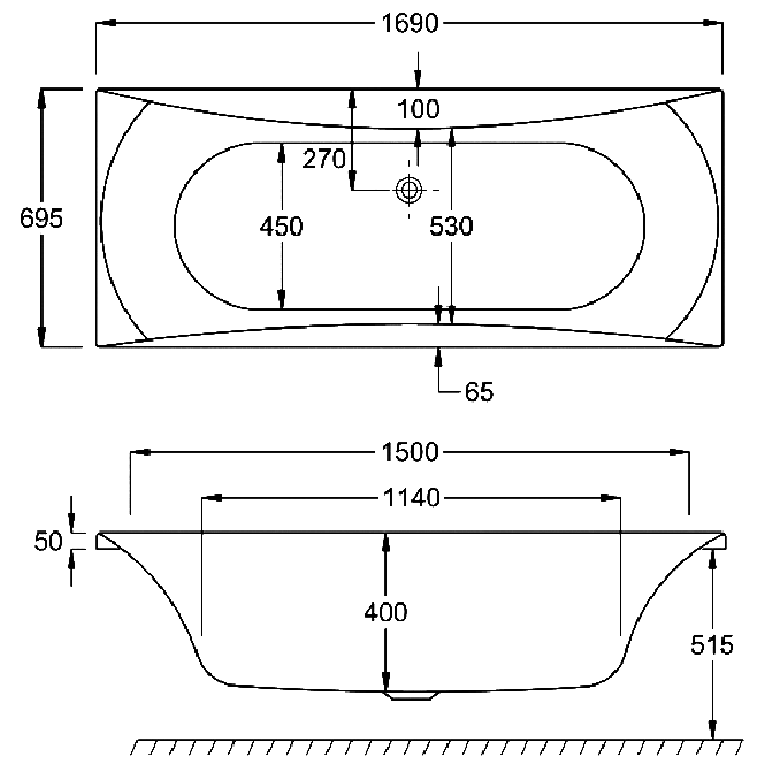 Carron Alpha Double Ended Bath, technical drawing