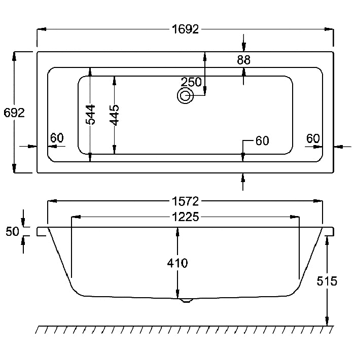 Carron Quantum Double Ended Bath, technical drawing