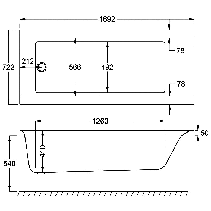Carron Urban Single Ended Bath, technical drawing