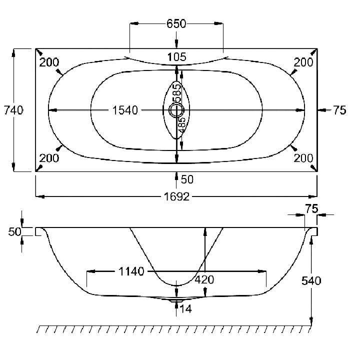 Carron Equation Double Ended Bath, technical drawing