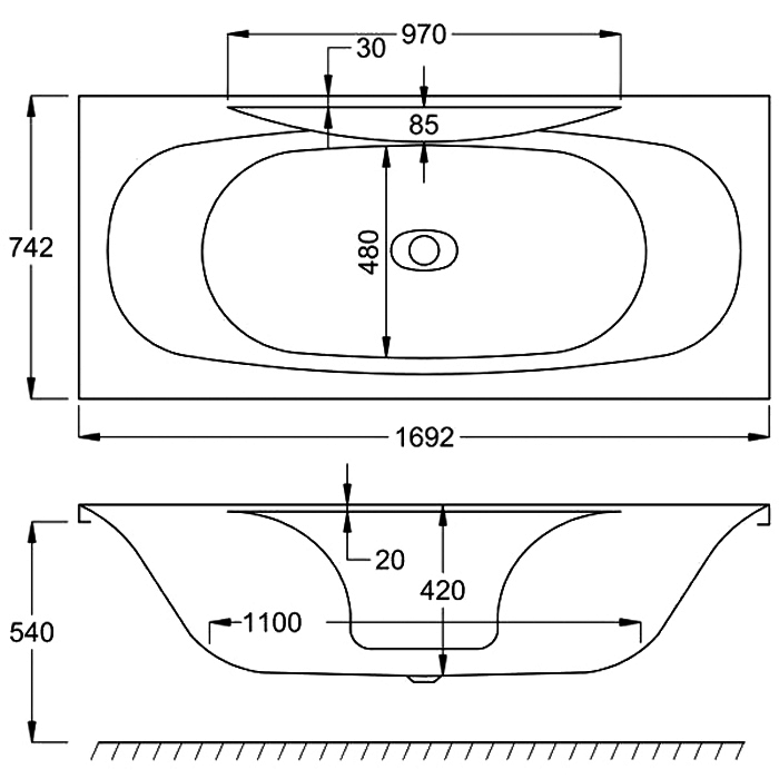 Carron Equity Double Ended Bath, technical drawing