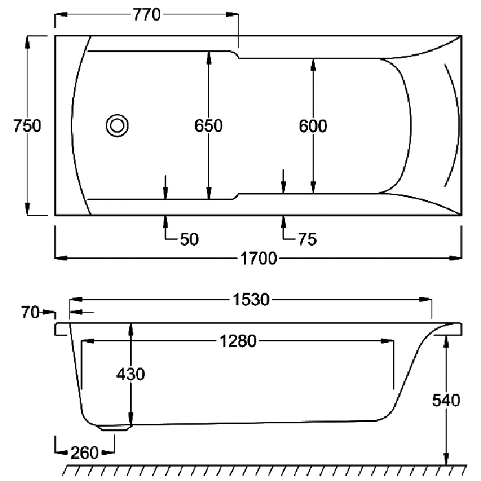 Carron Index Single Ended Bath, technical drawing