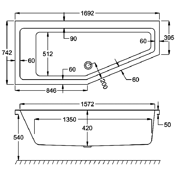 Carron Spacesaver Single Ended Bath, technical drawing