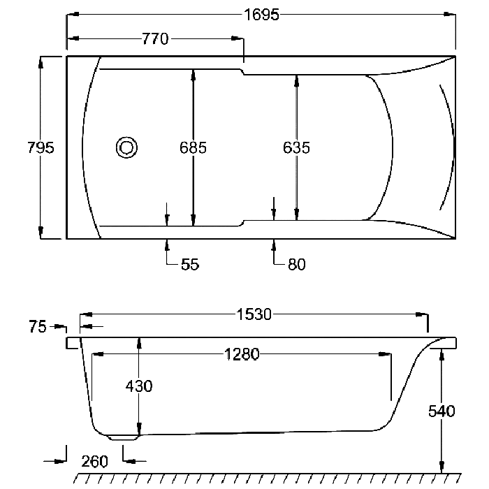 Carron Apex Single Ended Bath, technical drawing