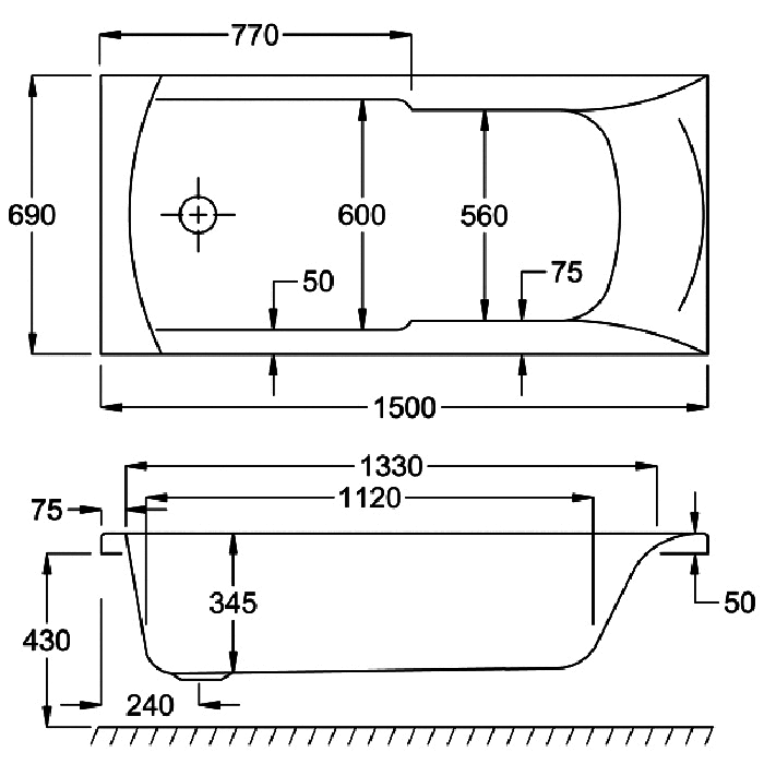 Carron Eco Axis Single Ended Bath, technical drawing