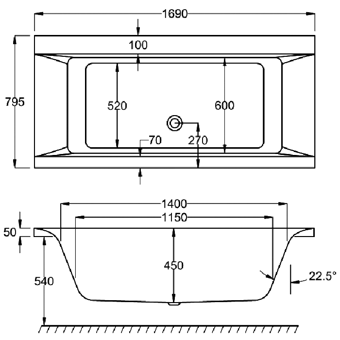 Carron Haiku Double Ended Bath, technical drawing