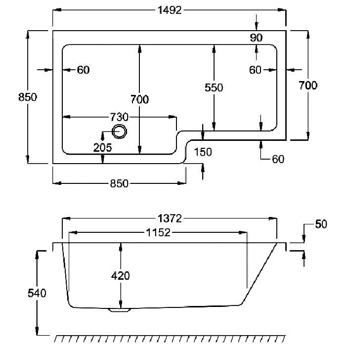 Carron Quantum Square Shower Bath, technical drawing