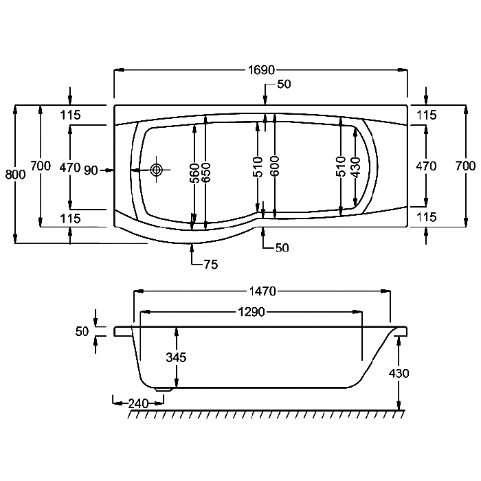 Carron Eco Aspect Shower Bath, technical drawing