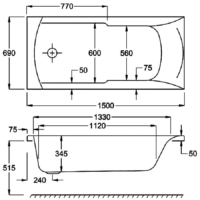 Carron Eco Matrix Single Ended Bath, technical drawing