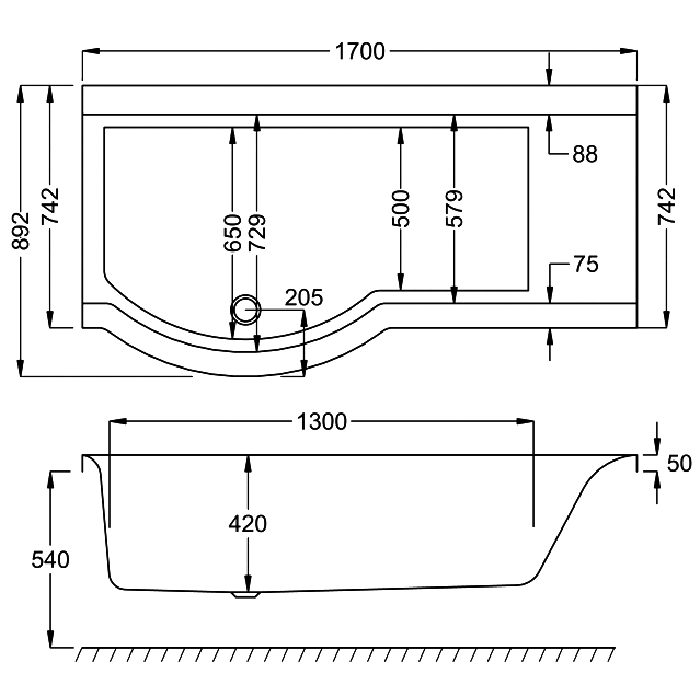 Carron Urban Shower Bath, technical drawing