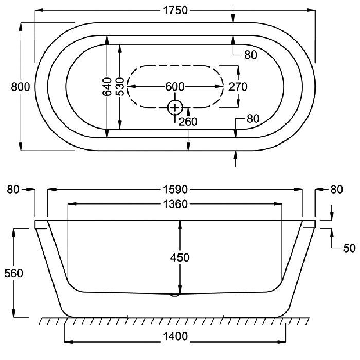 Carron Halcyon Square & Oval Inset Bath, technical drawing