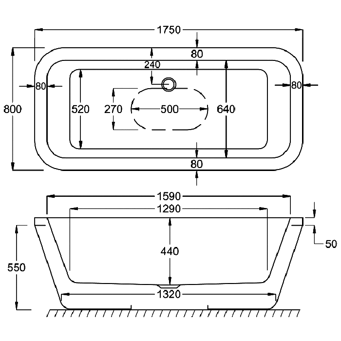 Carron Halcyon Square & Oval Inset Bath, technical drawing