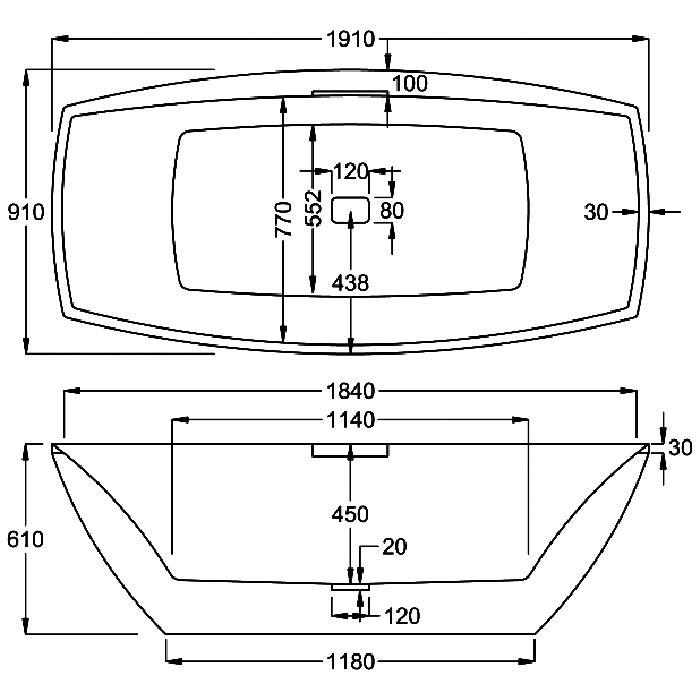 Carron Celsius Freestanding Bath, technical drawing