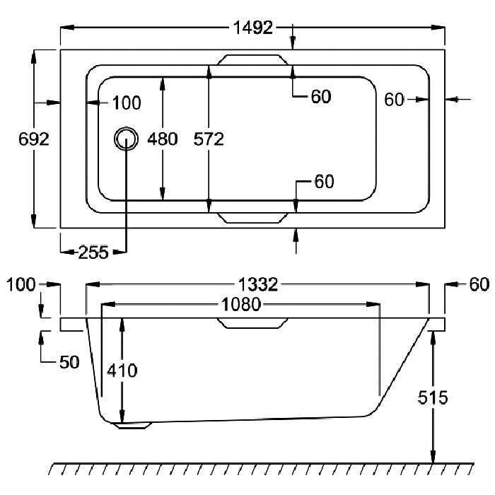 Carron Integra Twin Grip Single Ended Bath, technical drawing