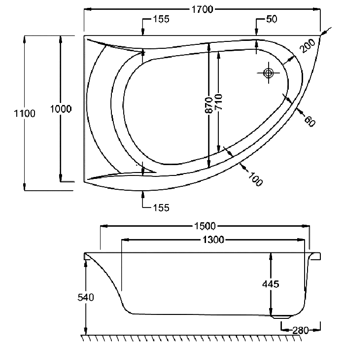 Carron Omega Corner Bath, technical drawing