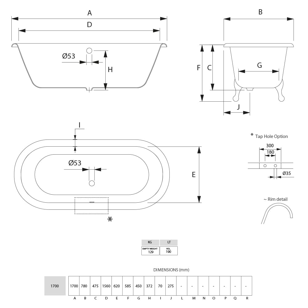 Cast Iron Bentley Double Ended Bath With Imperial Feet & 0 Tap Holes dimensioned technical drawing