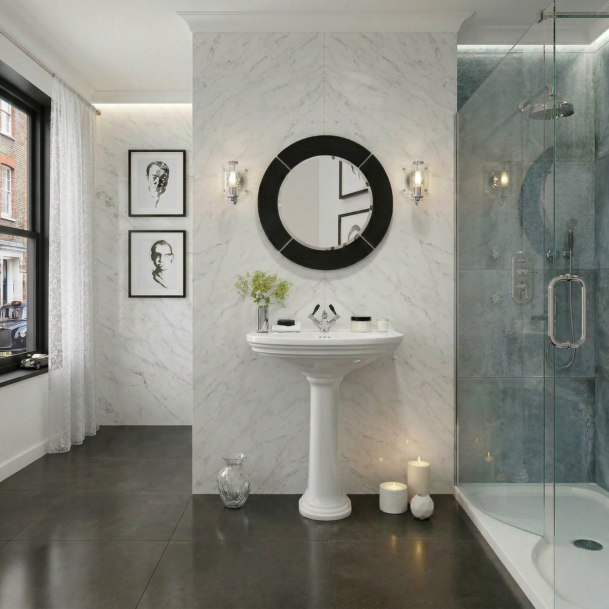Carlyon large basin and pedestal dimensioned technical drawing