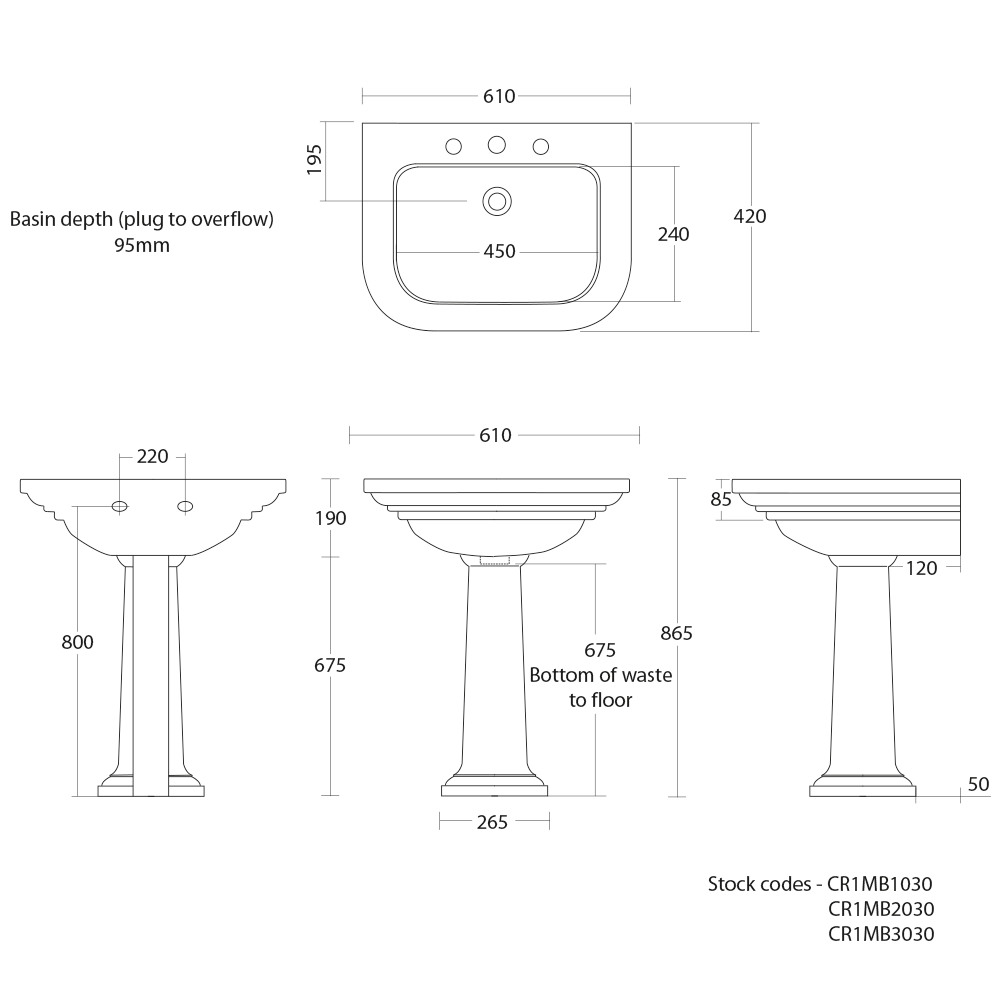 Carlyon medium basin and pedestal dimensioned technical drawing