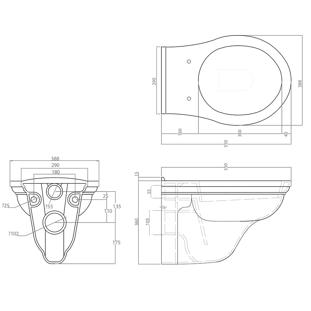 Carlyon wall hung WC dimensioned technical drawing