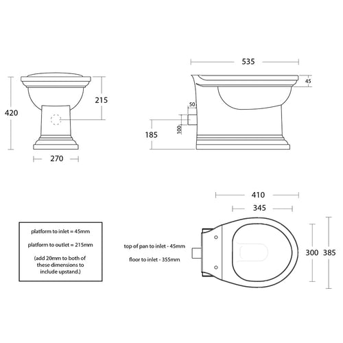 Carlyon back to wall pan dimensioned technical drawing