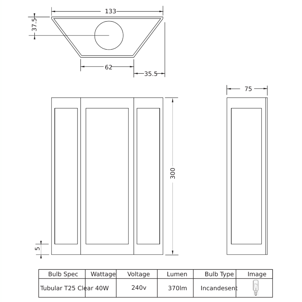 Empire Wall Light dimensioned technical drawing