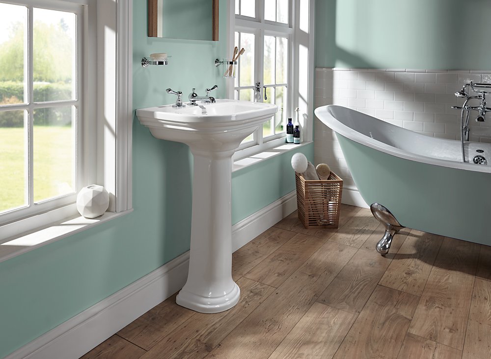 Carlyon medium basin and pedestal shown in a bathroom setting