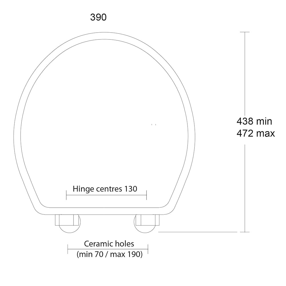 Oval soft-close toilet seat dimensioned technical drawing