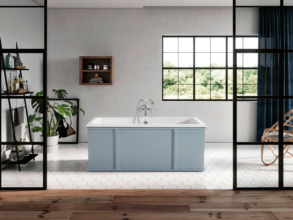 Radcliffe cast iron freestanding bath, painted, shown installed in a bathroom