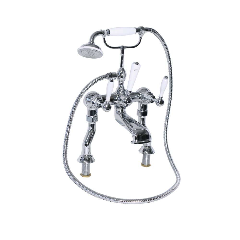 Radcliffe deck mounted bath shower mixer, white lever, chrome