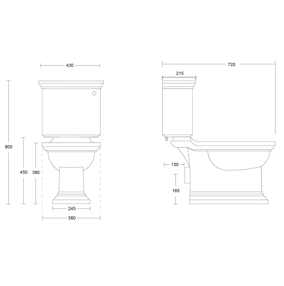 Radcliffe close coupled toilet dimensioned technical drawing