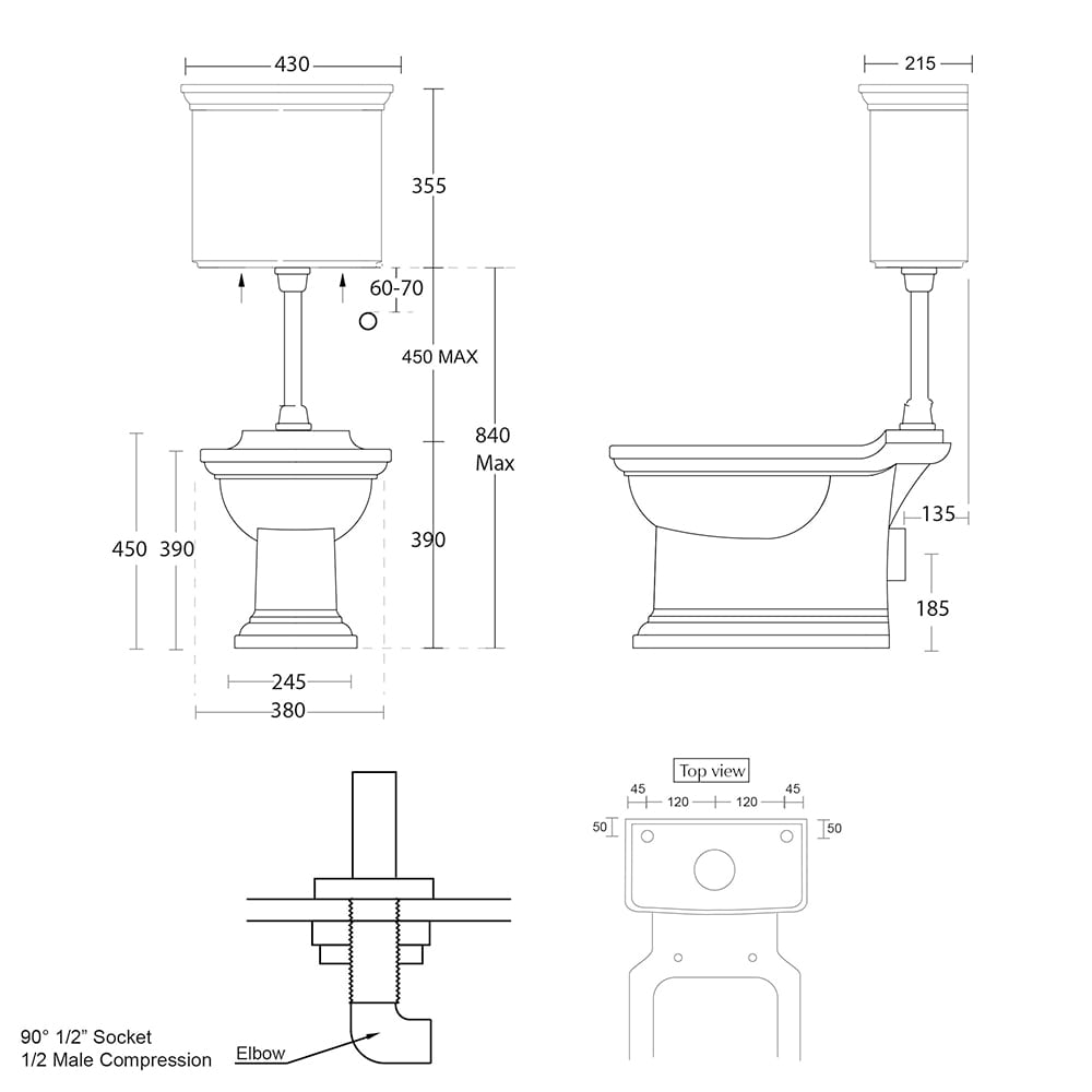 Radcliffe low level toilet dimensioned technical drawing