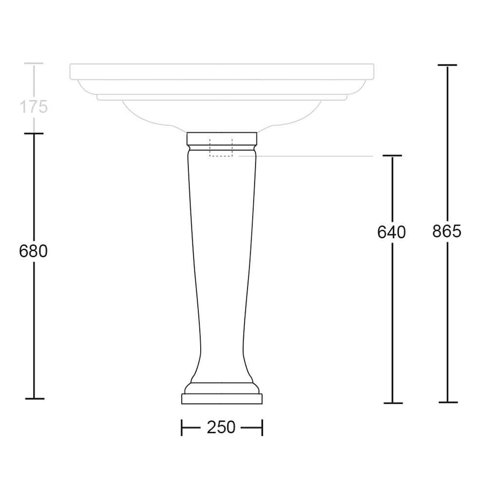 Radcliffe large basin and pedestal dimensioned technical drawing