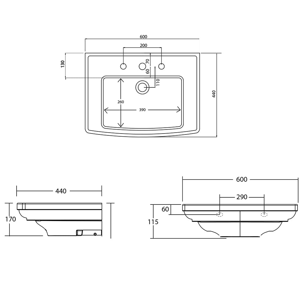 Radcliffe medium basin and pedestal dimensioned technical drawing