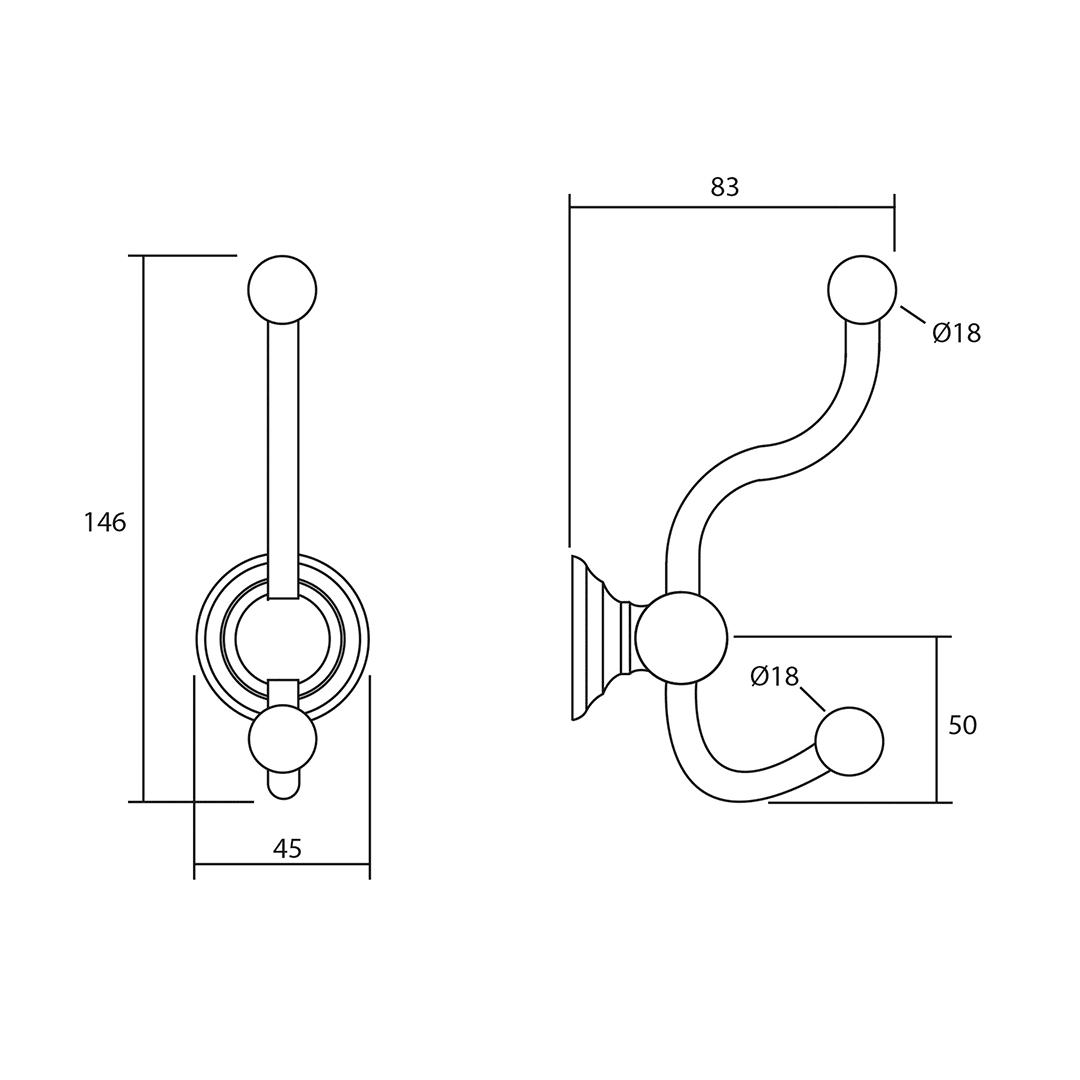 Richmond Double Robe Hook dimensioned technical drawing