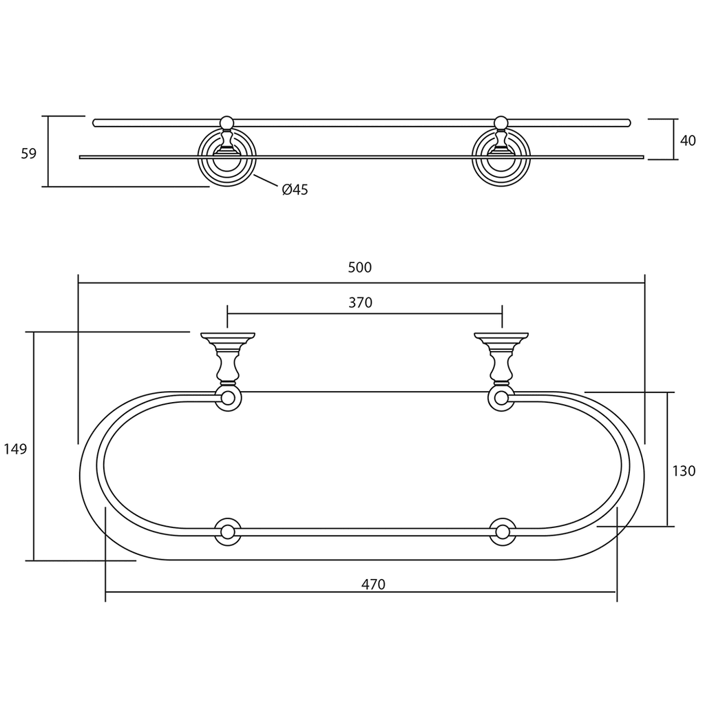 Richmond Glass Shelf dimensioned technical drawing