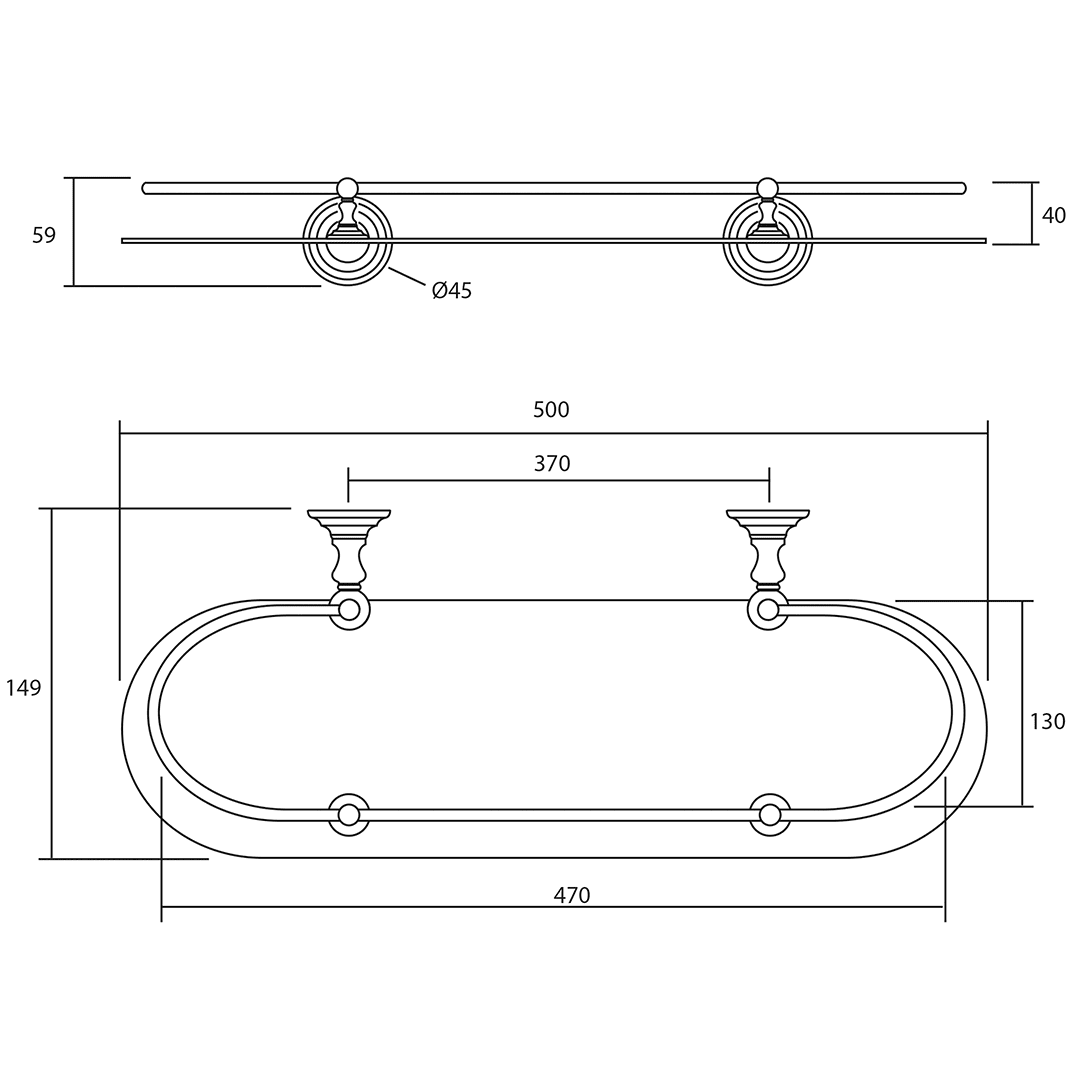 Richmond Glass Shelf dimensioned technical drawing