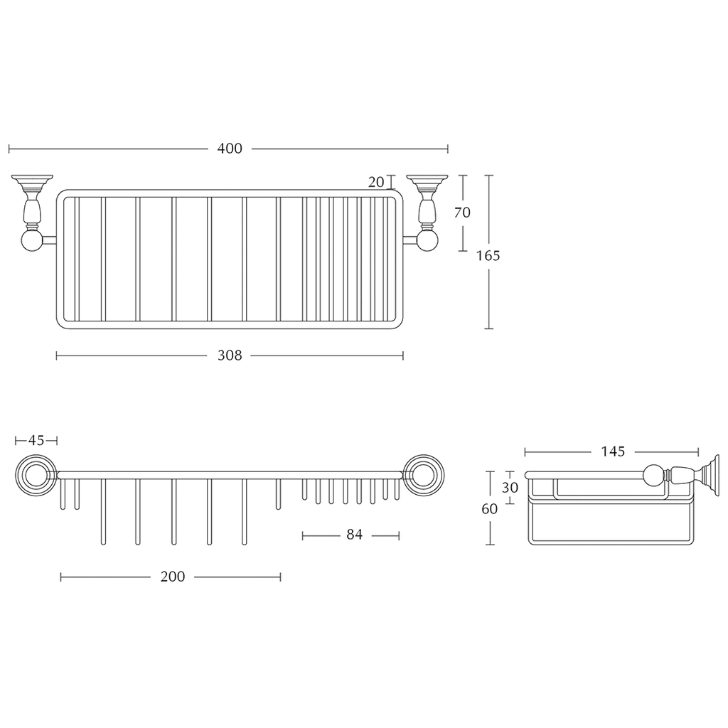 Richmond Shower Tidy Wall Mounted dimensioned technical drawing