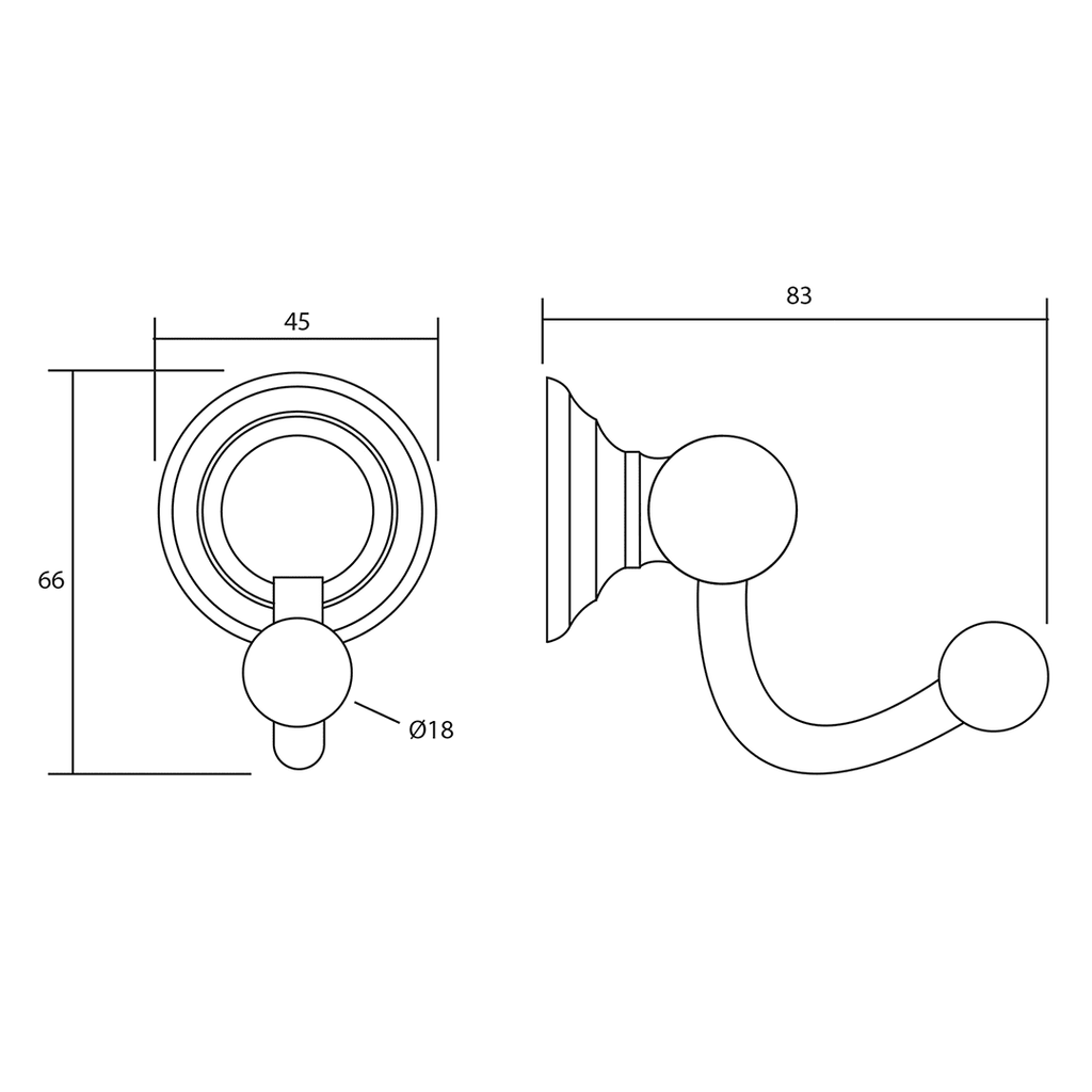 Richmond Single Robe Hook dimensioned technical drawing