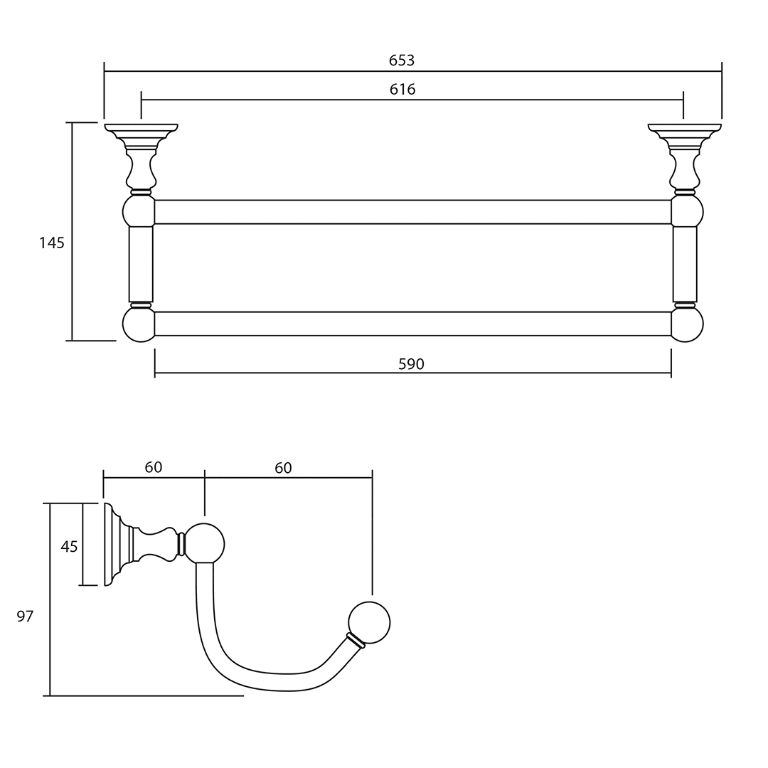 Richmond Dbl Towel Rail dimensioned technical drawing