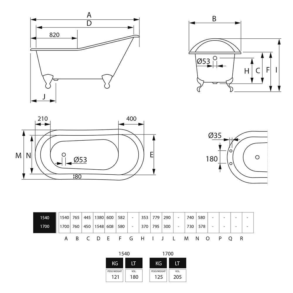 Cast Iron Ritz 1700 Slipper 2T Feet dimensioned technical drawing