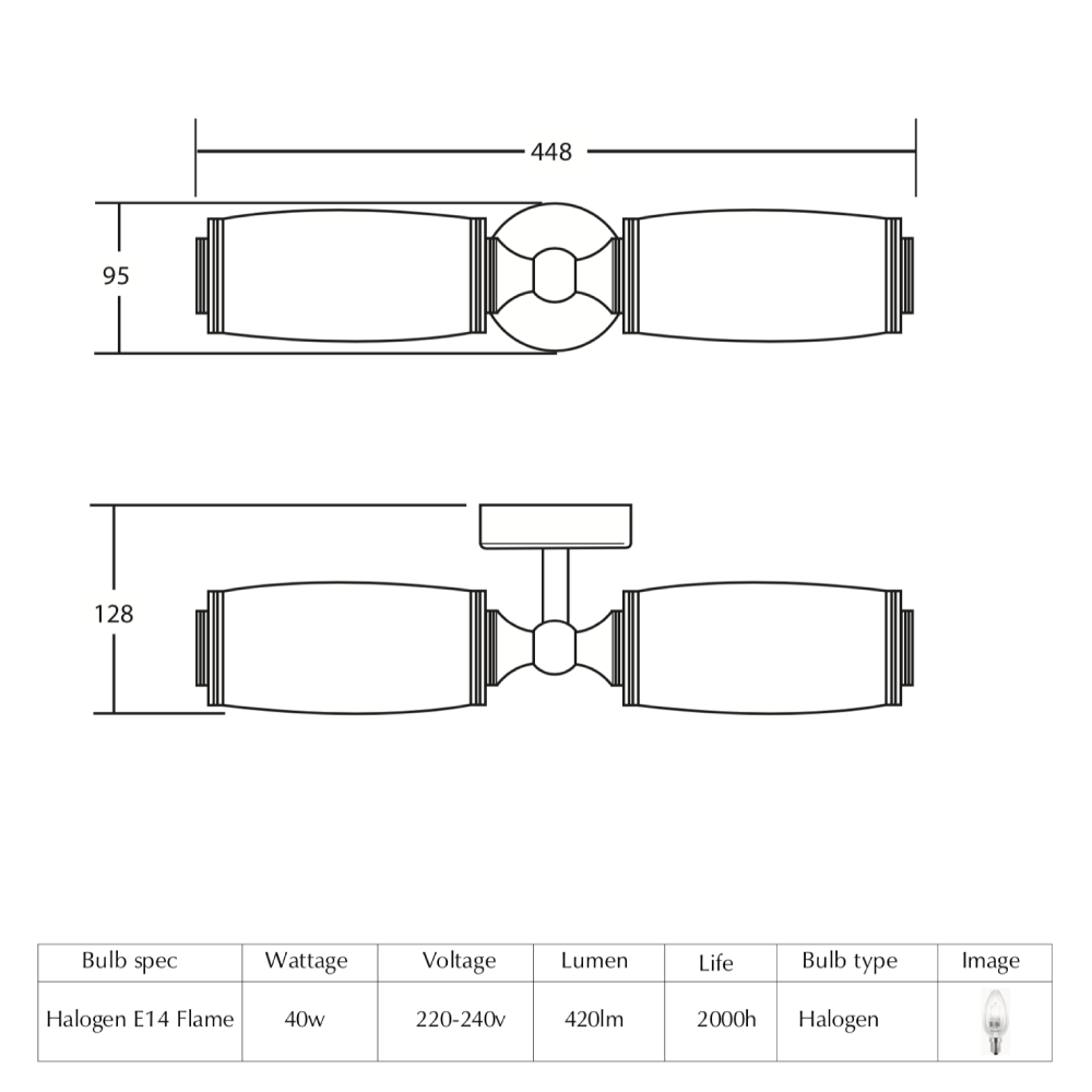 Toledo Double Wall Light With Glass Shade dimensioned technical drawing